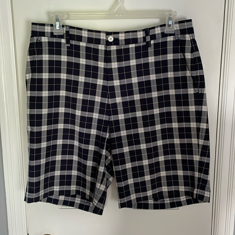 Navy Blue and gold plaid golf shorts